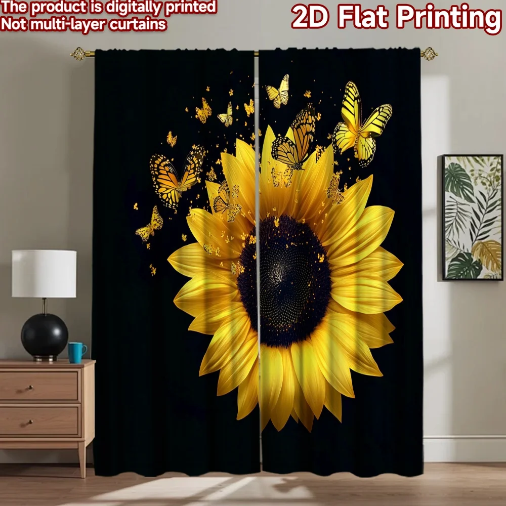2D flat 2pcs Curtain Retro Country Style Sunflower With Butterflies Digitally printed polyester Family Party Decoration Perfect