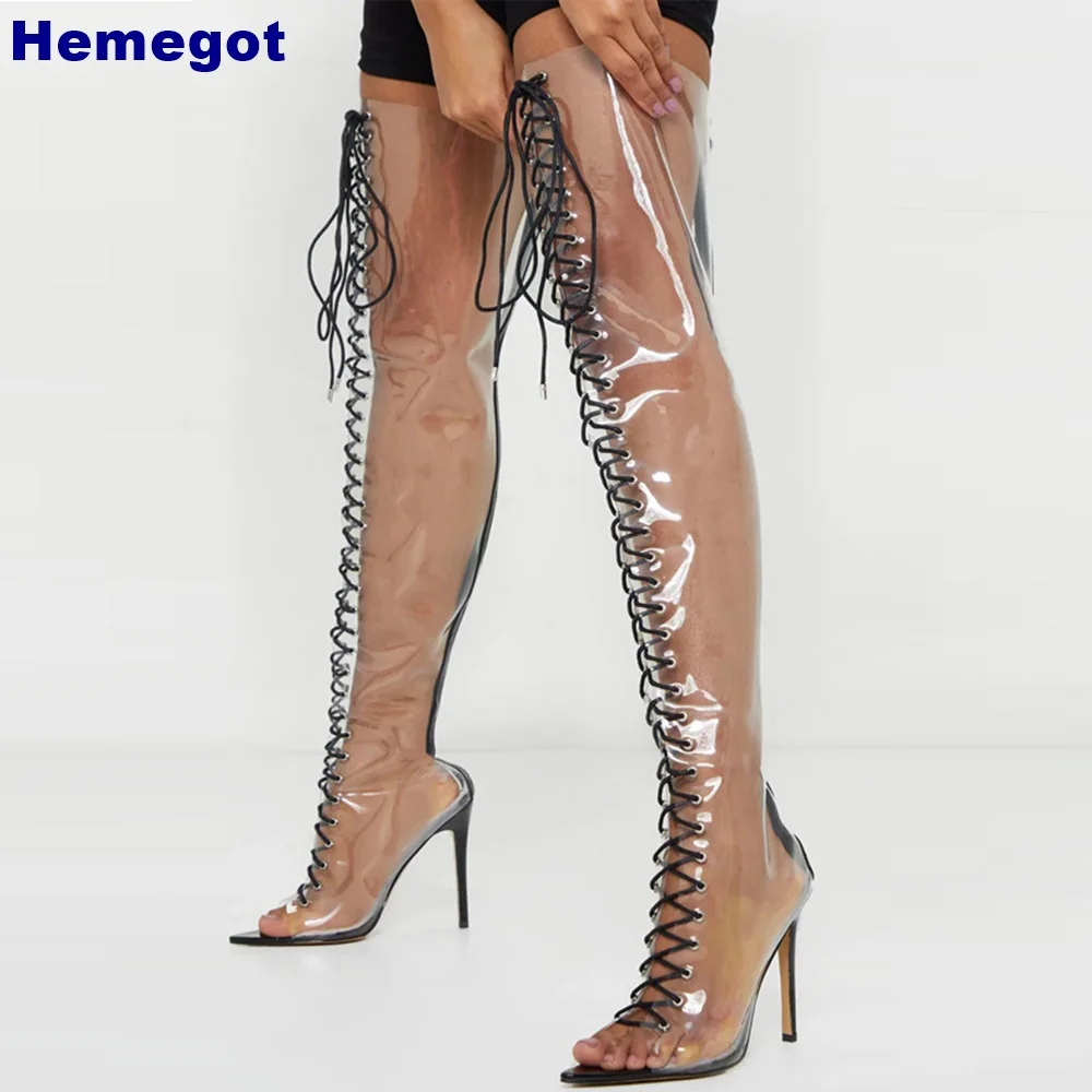 

Pointed Clear Pvc Sexy Catwalk Boots Spring Street Open Toe Thin High Heel Boots Cross Lace Over The Knee Fashion Women Boots