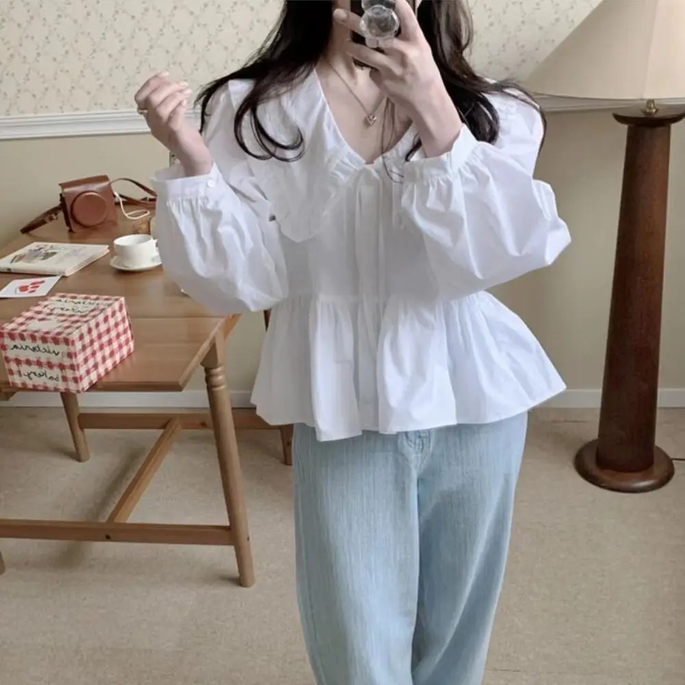 

Leisure Flip Doll Collar Long Sleeve Shirt Blouse Sweet Ins Ruffle Blouse Lace Up Korean Style Cardigan Women Women