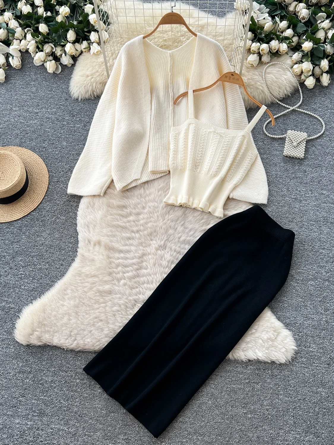 Women's Knitted Open Cardigan Set Slimming Tank Top And Wrap Skirt Three-piece Suite Commute Style Autumn Fashion Casual Wear