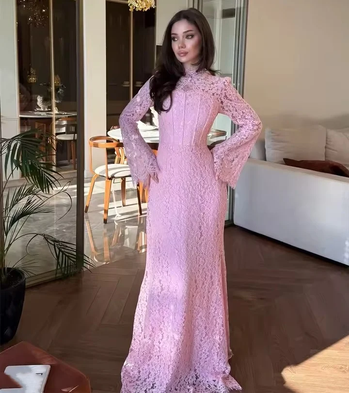 

Sweet Pink Full Lace Evening Dresses Two Pieces Lace Jacket With Long Sleeves Formal Wedding Party Gowns Customized