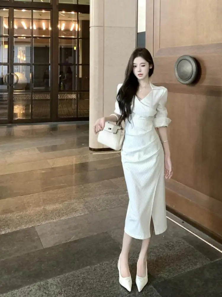 

Korean Fashion Women's 2024 Blue Stripe Long Sleeves Festival Pleated Dress Autumn White Elegant Office Lady Shirt Dress Popular