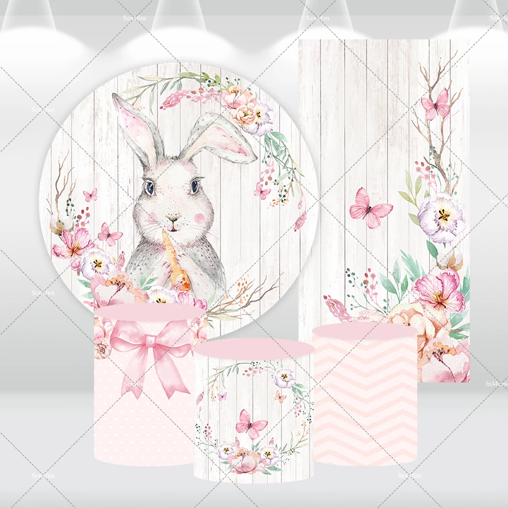 Happy Easter Round Backdrop Cover Flower Butterfly White Wooded Arch Wall Cute Rabbit Baby Shower Circle Background Photography