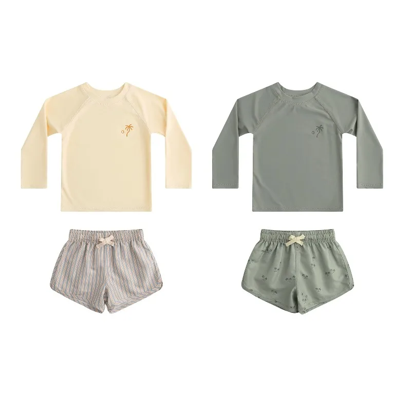 Boys Board Shorts Swimsuit Set Long Sleeve Quick Dry  Beach Pant Kids Swimwear Holiday Bathing Suit Seaside Vacation