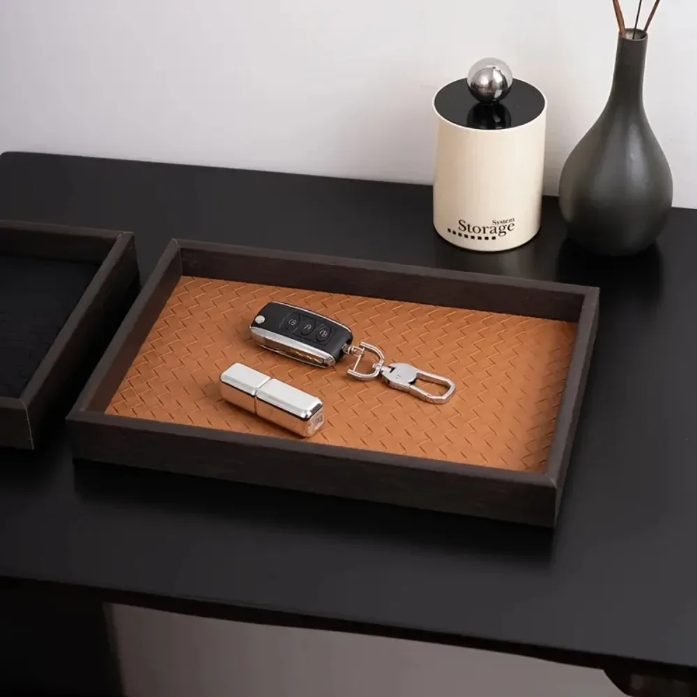 1 unidade Bandeja Organizadora de Couro Sintético com Textura Trançada, Organizador de Relógios e Joias, Bandeja Decorativa para Casa, Suporte para Cosméticos, Bandeja de Armazenamento
