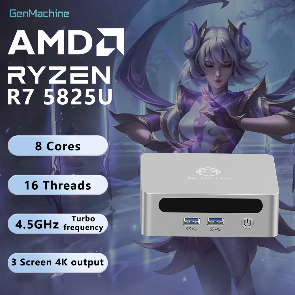 

GenMachine AMD Ryzen 7 5825U Windows 11 Ryzen MINI PC DDR4 16GB RAM 512GB ROM WIFI6 RTL8852, BT5.2 Desktop Gaming Computer