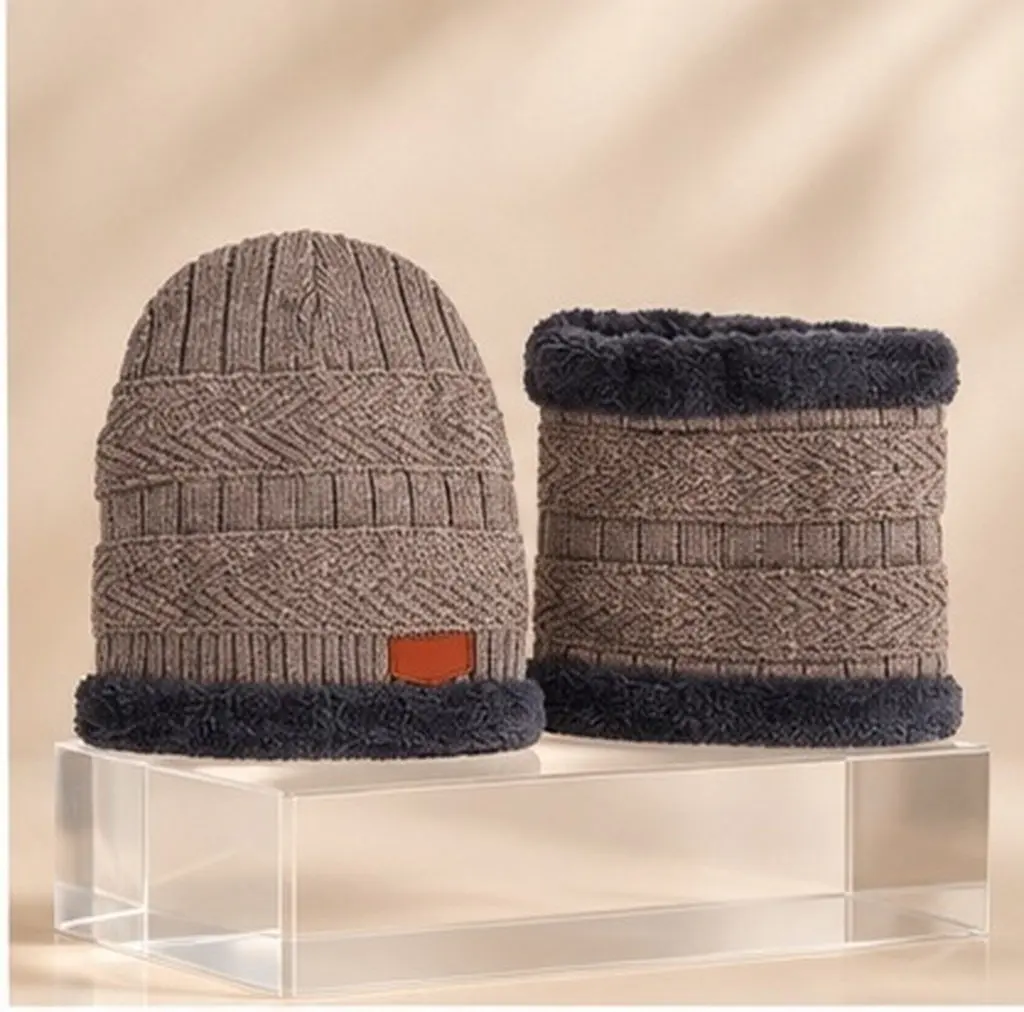 Male Knitted Woolen Yarn Thicken Cotton Warm Winter Hat Scarf Khaki Outdoor Activities Hiking Riding Accessories