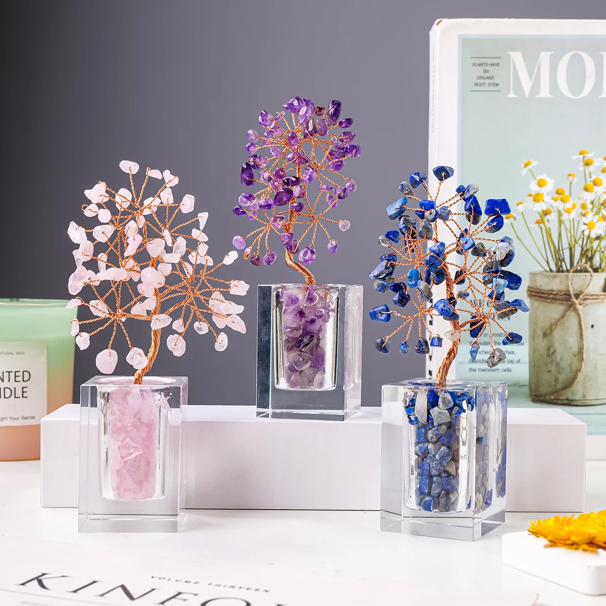 Árbol de la fortuna de piedra triturada de cuarzo rosa amatista de cristal Natural, decoración de escritorio para el hogar y la Oficina, regalo de vacaciones, 1 ud.