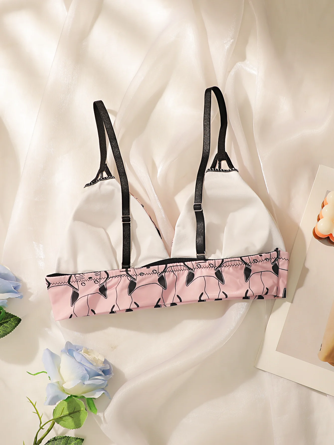 Kawaii Cat Print Triangle Bral - Bralette Wireless Soft 评论和价格