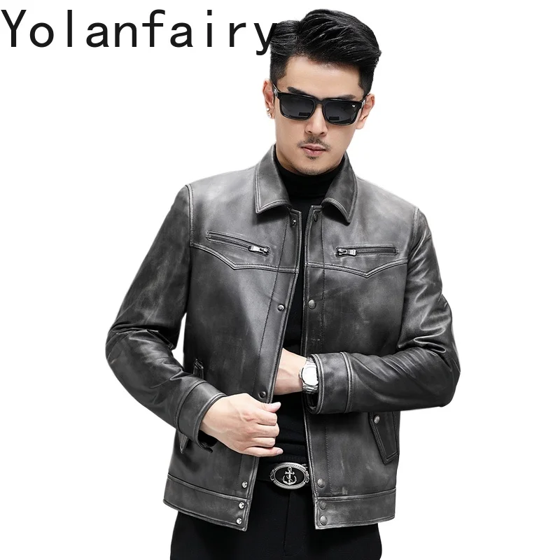 

YOLANFAIRY 100% Genuine Leather Jacket Men Autumn Winter Lapel Short Top Layer Cowhide Leather Jackets Man Thin Leather Coat
