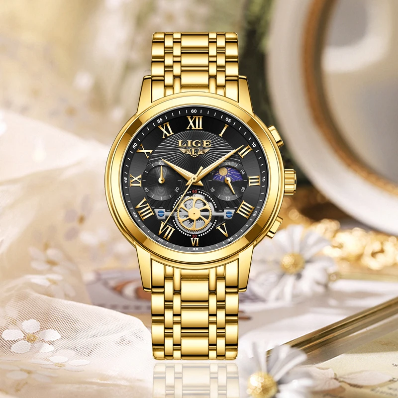 New LIGE Ladies Wristwatch Luxury Waterproof Luminous Gold Watch For Women Dress Stainless Steel Quartz Women\'s Watches+Box