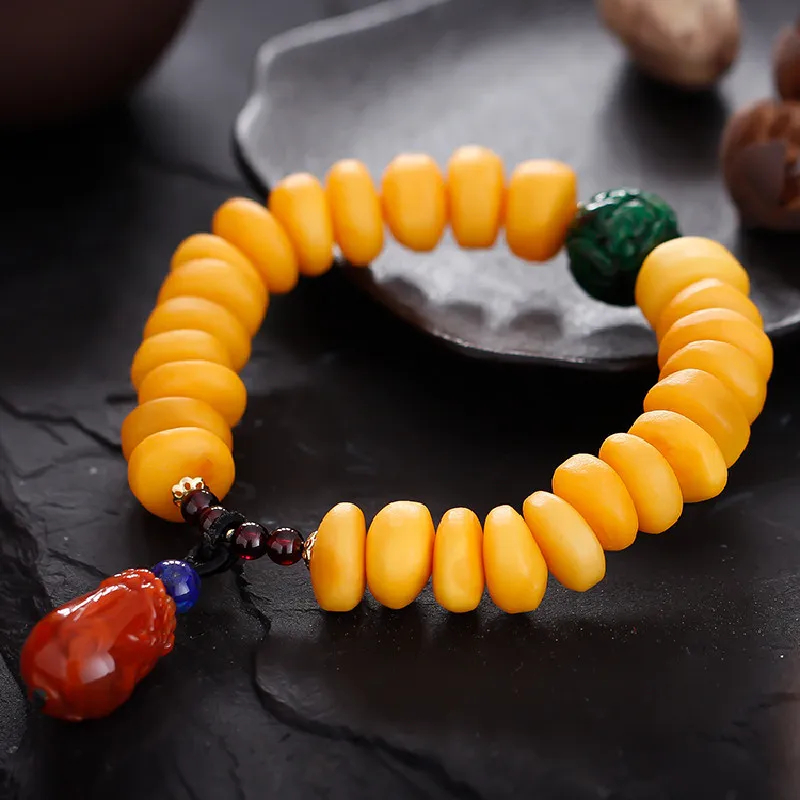 Old Amber Chicken Fat Yellow Freeform Bracelet Cake Stone Bead Jewelry Men and Women