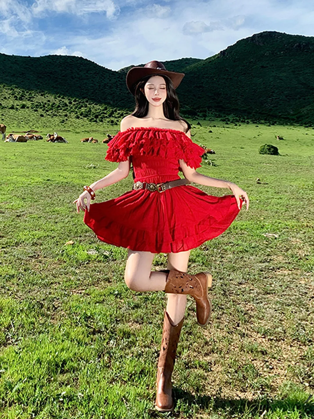 

Red ort Sexy One-oulder Ruffle Hem Waist-Cinching Tube Dr for Women Summer Beach Vaion Cotton Polyester Blend