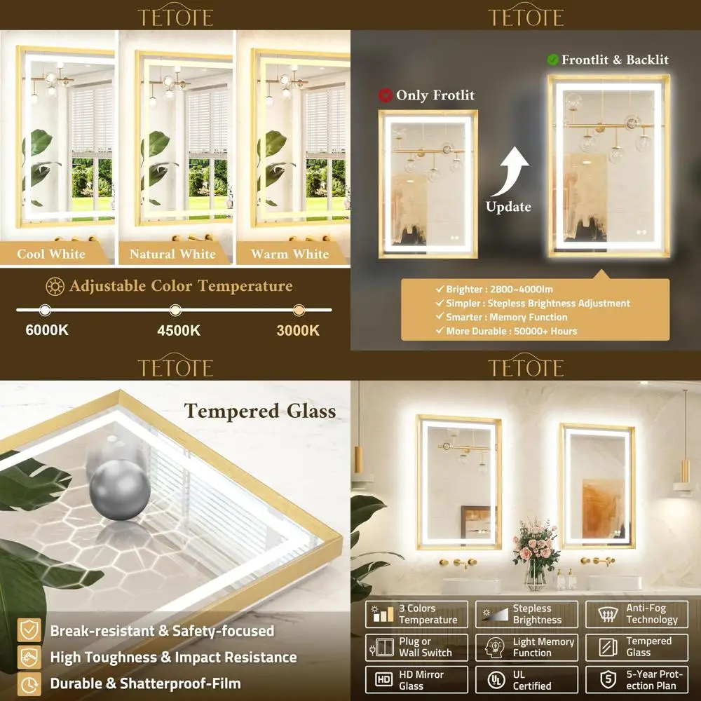 

30 Inch LED Illuminated Vanity Mirror with Anti-Fog, Dimmable 3 Color Temperatures, Wall-Mounted