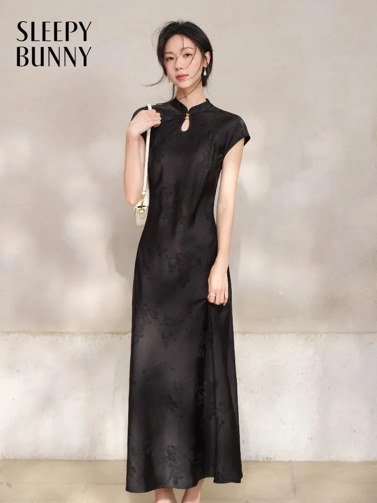 

Women Satin Jacquard Qipao Dress Lady Early Spring Slim Fit Waist Midi Dress Casual Daily Commute Elegant Chinese Style Outfit