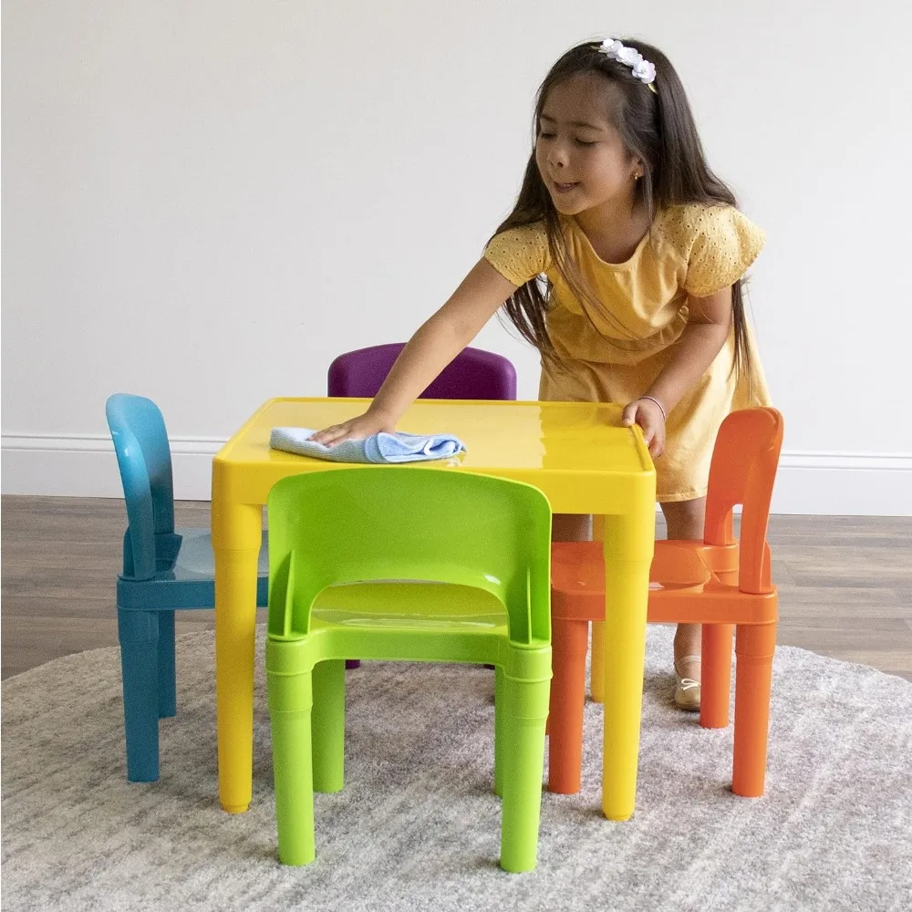 Humble Crew Kids Plastic 1 Square Table and 4 Chairs, Yellow Table/Vibrant Chairs Table and Chair Set for Kids