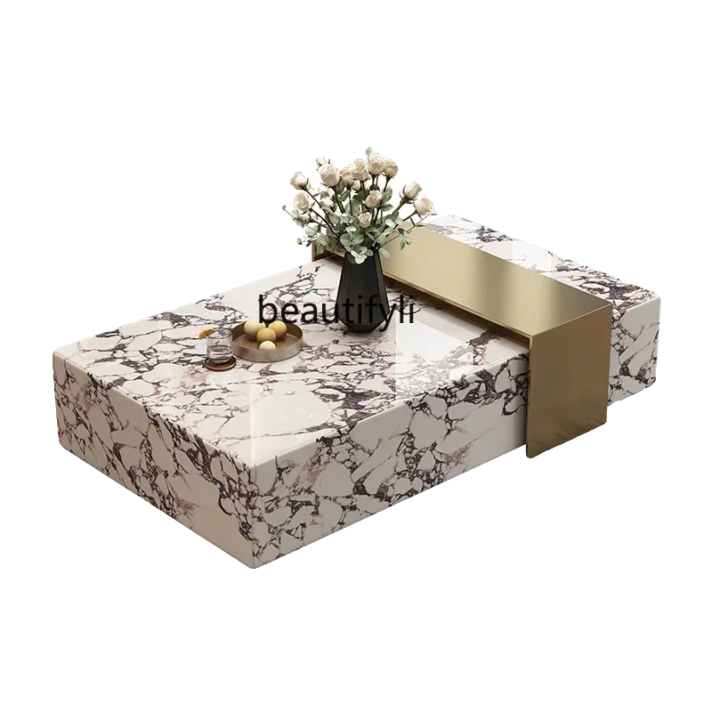 

Coffee table living room household, small apartment light luxury high-end minimalist table square rock slab marble coffee tableA