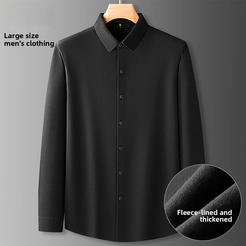 plus Size Men's Fleece Lined Long Sleeve Wool Shirt Thickened Loose Fit Pure Color Business Casual Winter Shirt Easy Care
