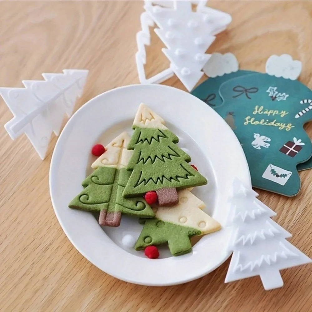 4Pcs Christmas Tree Cookie Cutter Set, Nordic Style Plastic Molds with Stamps, DIY Baking Tools for Holiday Treats & Gifts