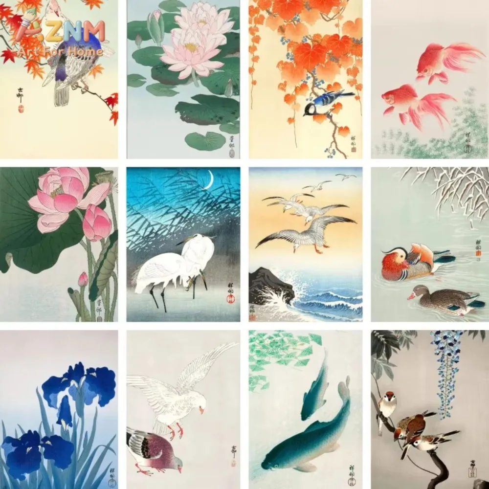 

1 шт. Японский настенный постер Ohara Koson в стиле укиё-э: винтажные золотые рыбки, лотосы, совы, журавли. Картина на холсте для гостиной и дома.