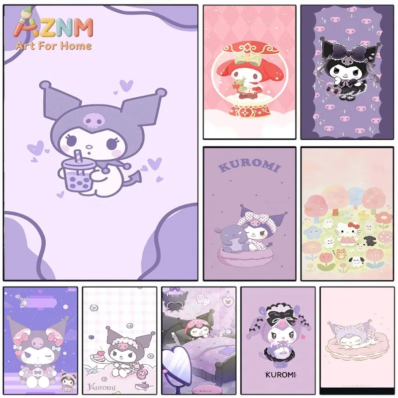 Sanrio Kuromi Canvas Wall Art Unframed Print Bubble Tea Drink Purple Heart Cute Cartoon Poster for Bedroom Dorm Home Interior