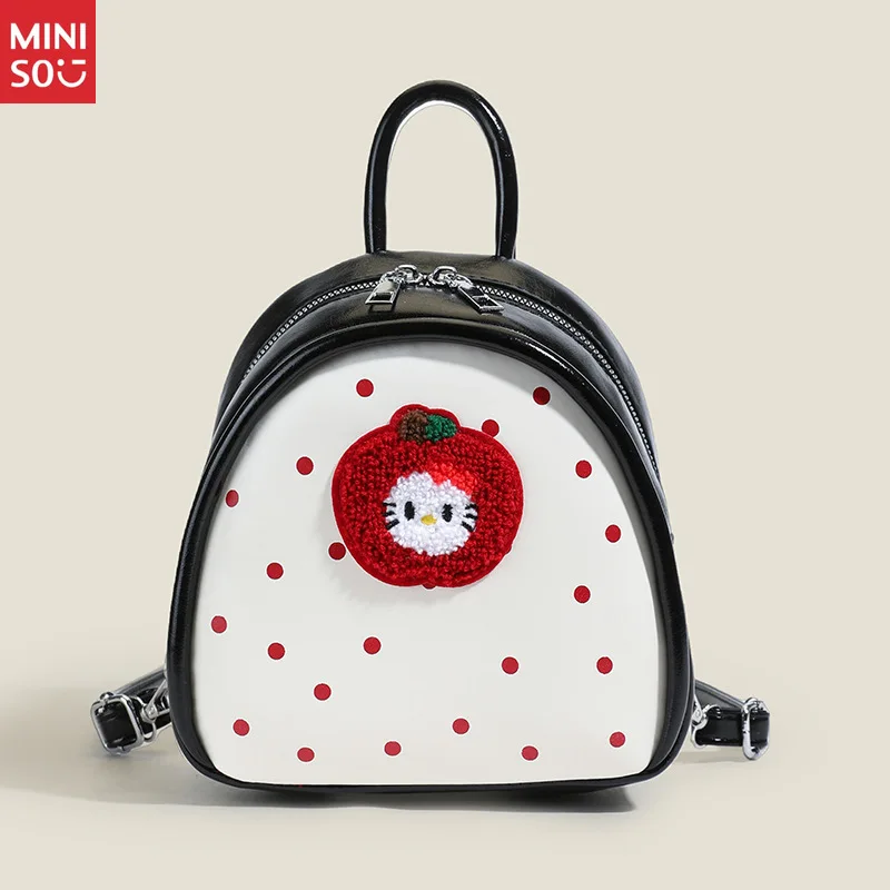 Miniso 2025 Apple Polka Dot Cat Backpack, Cute School Bag for Girls with Top Handle