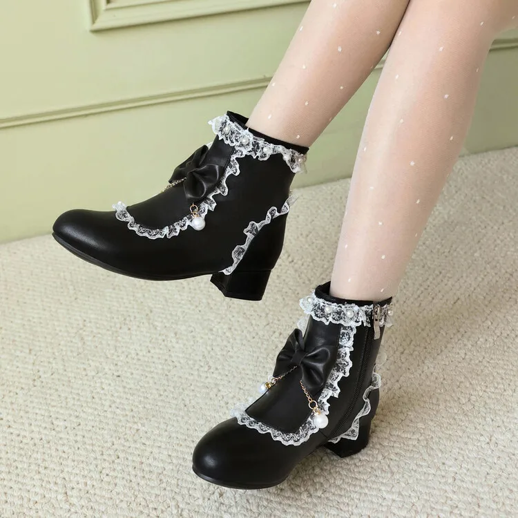 المرأة لطيف لوليتا الجوارب الجانب سستة حذاء بكعب سميك جولة تو الدانتيل Bowknot حذاء من الجلد الفتيات تأثيري فستان الحفلات أحذية موحدة #2