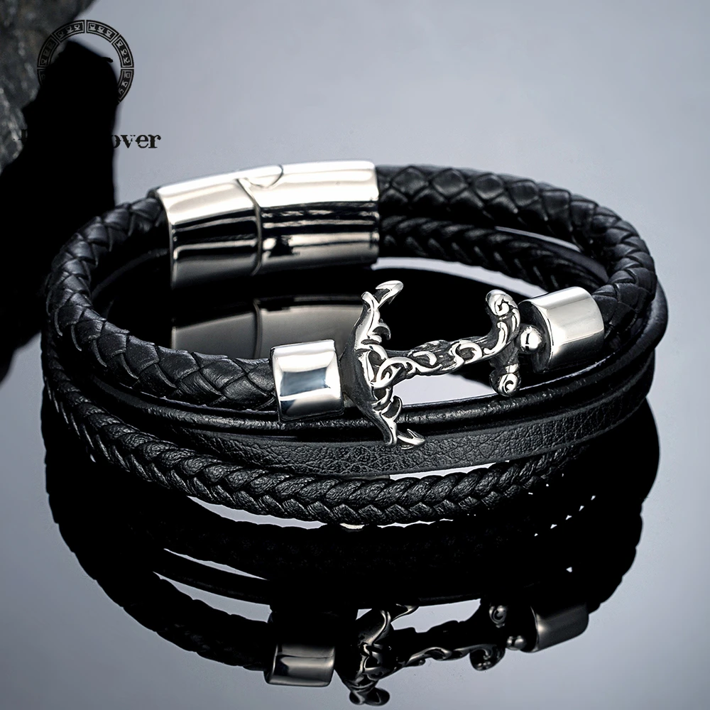Handgefertigtes Anker-Armband für Männer und Frauen, Punk Viking Edelstahl Mehrschichtiges Leder-Armreif, Vintage Nautischer Stil Schmuck Geschenke
