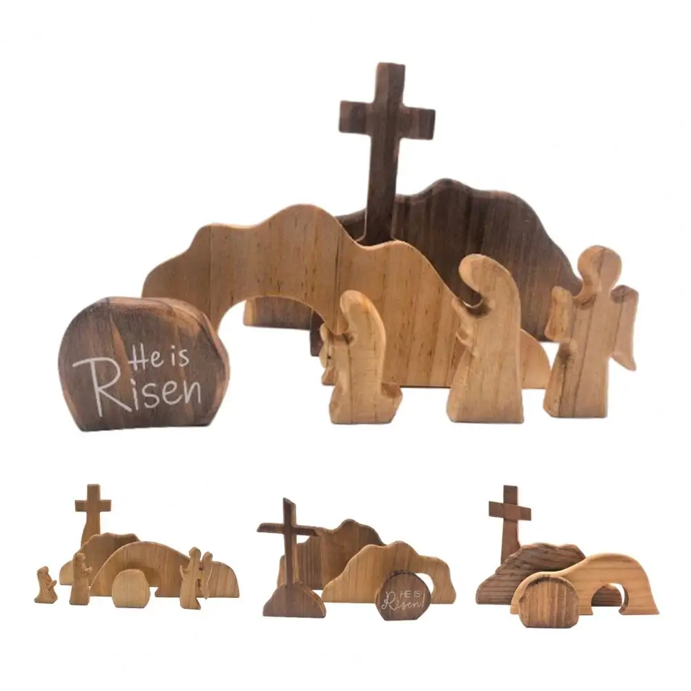 Décoration de scène de Pâques avec tombe vide, ensemble de plateau en bois représentant la résurrection de Jésus, ornement de table de la scène de la Nativité de Jésus pour la réception