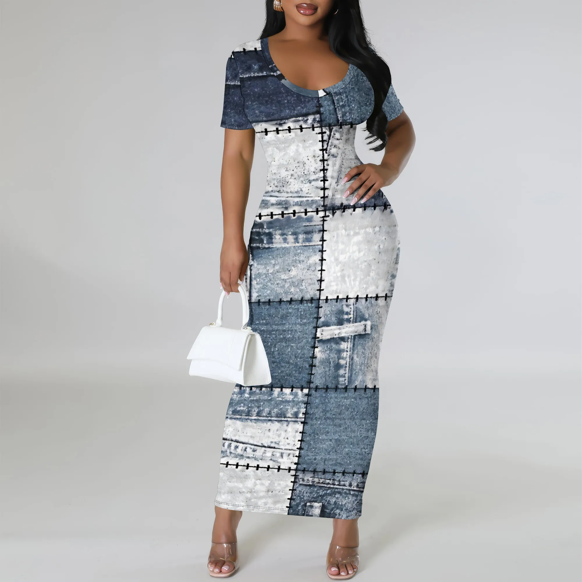 

Nupusa Faux Denim Patchwork Print Dress for Women Standard Size Summer Casual Square Neck Short Sleeve Maxi Dress