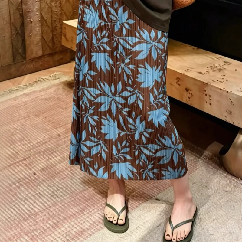 Miyake Pleated 2026 Original New French Elegant Printed Elastic Waist A-Line Mid-Length Blue Coffee Color Women's Dress Pleat