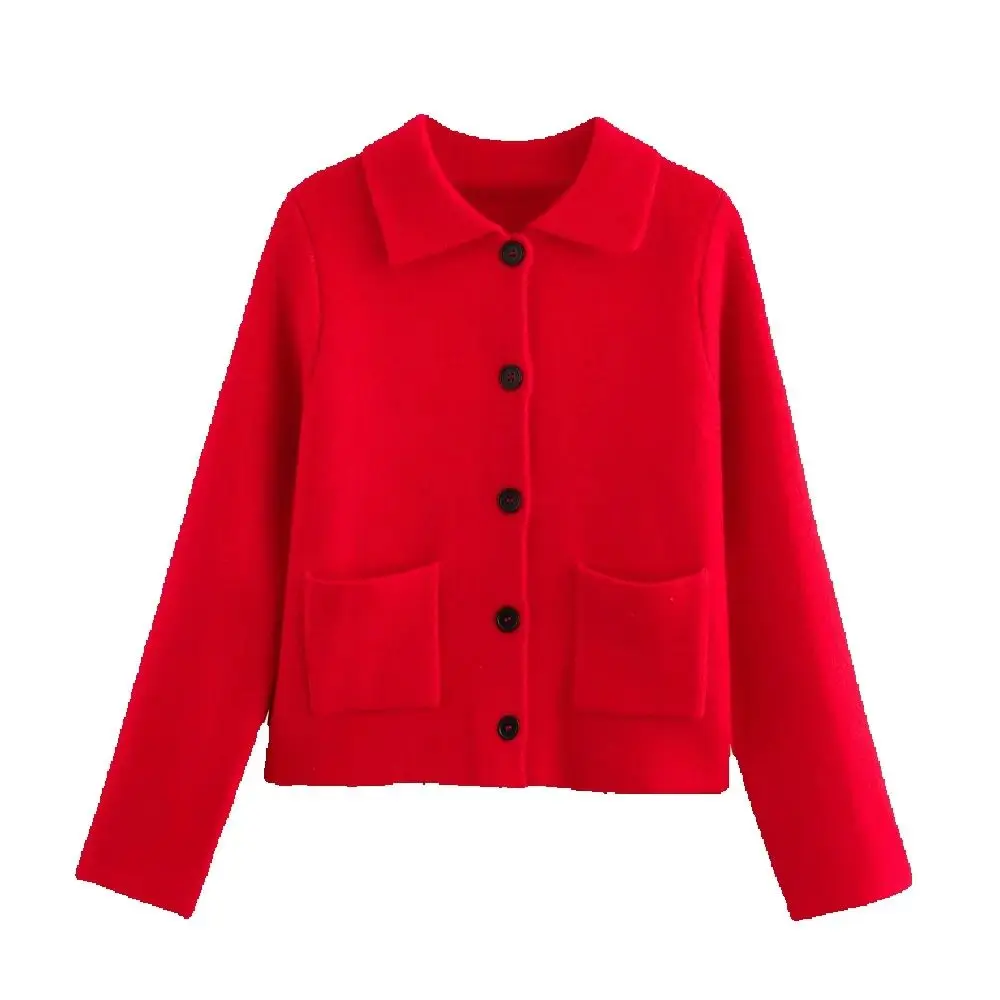 

Женский вязаный свободный топ с воротником, длинными рукавами и карманами на пуговицах, осенне-зимняя новая коллекция, простой кардиган