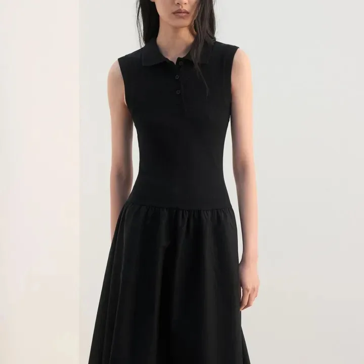 

Maxi Dress Patchwork Dress Women Casual Solid Black Lapel Sleeveless Pleated A-line 2026 Lady Summer Street Vestidos Beach Wear