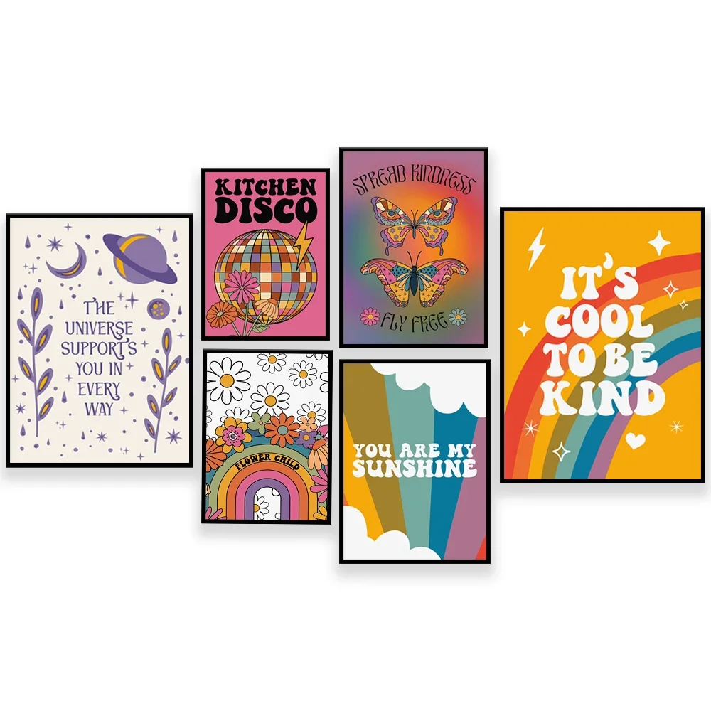 Colorful retro children's prints, flowers, rainbow, disco, funky bright bold and interesting, hippie, music lyrics, disco party