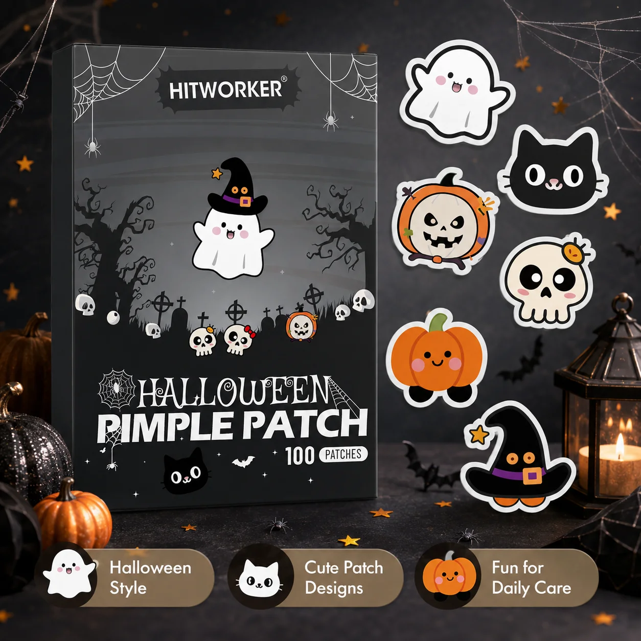 Halloween Blemish Cover Patches, Cute Ghost Cat Pumpkin Skull Designs, Easy-to-Use Face Stickers, Fun Daily Beauty Accessory, Ha