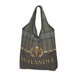 Custom Leather And Tartan Outlander Pattern Shopping Bag Tote Bag Portable Modern Plaid Check Texture Groceries Shopper Bags