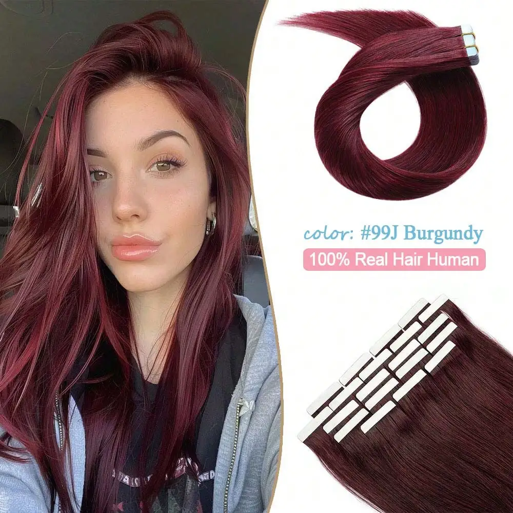 

Накладные волосы из натурального человеческого волоса 99J на ленте из полиуретана, невидимые, бесшовные, прямые