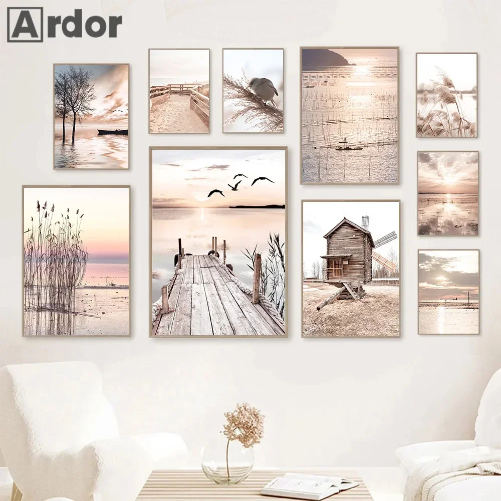 Sunset Canvas Poster Hut Bridge Art Prints Lake Canoe Wall Painting Reed Posters Beach Print Nordic Wall Pictures Bedroom Decor