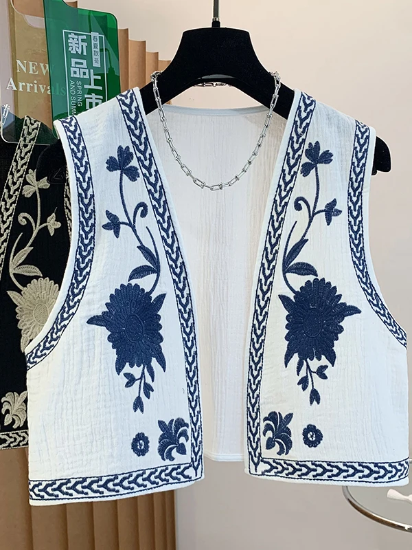 

New Chinese Sle Heavy Embroidery Open Cardigan Vest Women's Summer Loose Slimming Svel Outerwear oulder Pad Top
