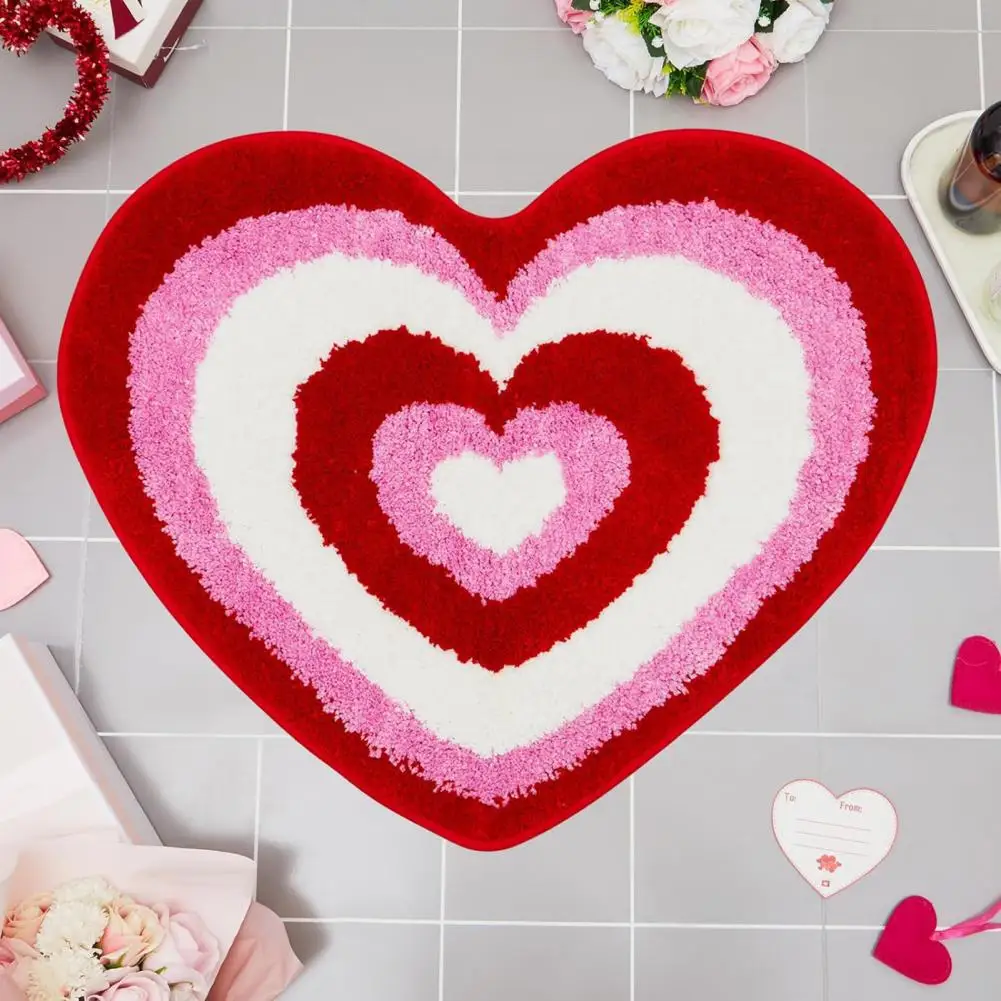 Valentine Day Bathroom Rug Non-slip Heart-Shaped Bath Mat Soft Washable Love Shape Shower Mat Bathroom Decoration