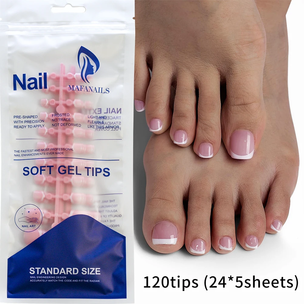 120 Stück kurze, quadratische, künstliche Zehennägel, rosa, französisches weiches Gel, zum Aufdrücken von Zehennägeln, weißer Rand, künstliche Zehennägel, vollständige Abdeckung, Zehennagelspitze