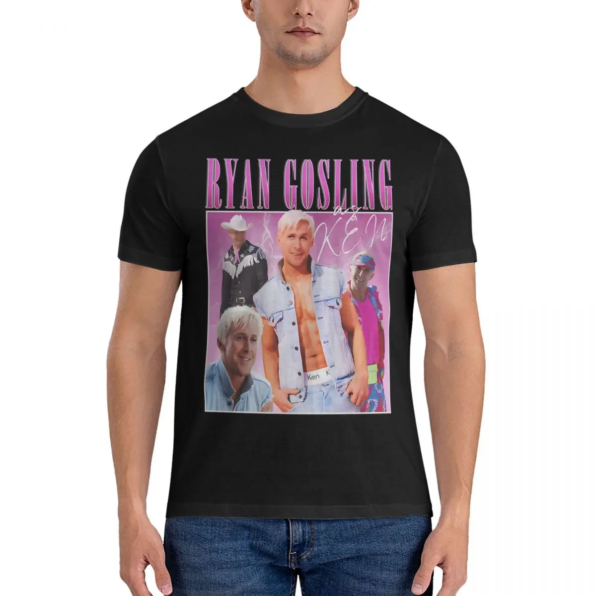 Ryan Gosling Barbie Movie Fan Collage Cursed T-Shirts Men Oppenheimer Funny Cotton Tees Round Collar Short Sleeve Gift Idea