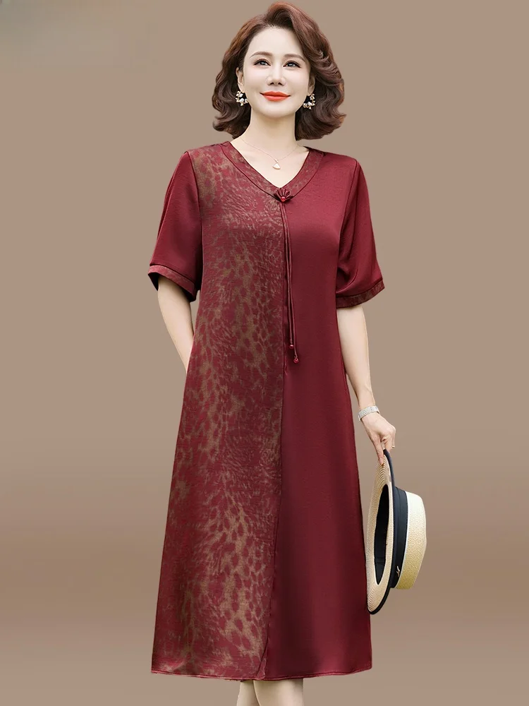 

New Chinese Sle National Trend Summer Dr for plus Size Women Loose Fro Skirt Midi Length V Ne Polyester Fabric