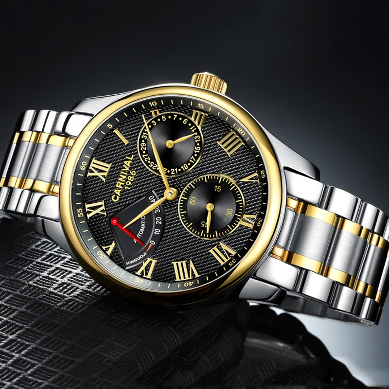 

КАРНАВАЛ оригинальные мужские часы лучший бренд класса люкс автоматические часы мужские спортивные водонепроницаемые механические кинетическая энергия дисплей Relogio