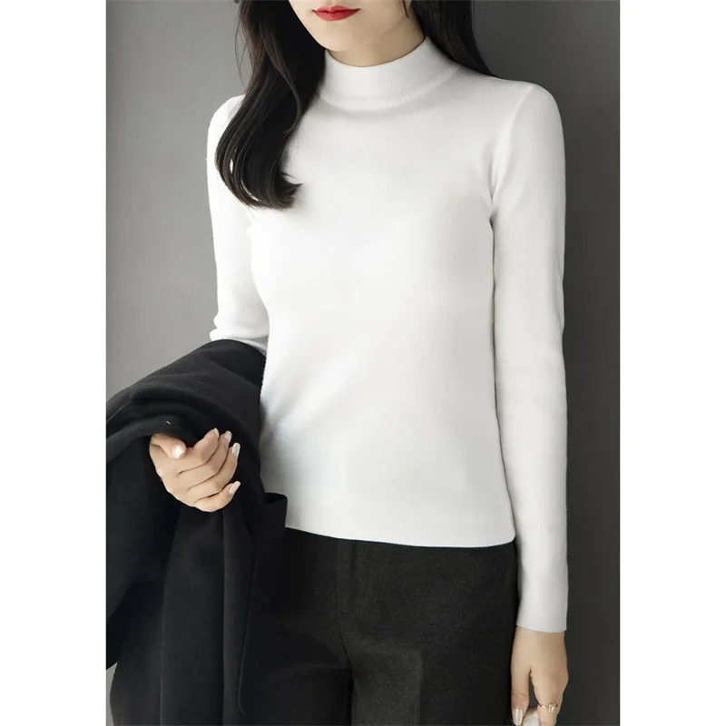 

2024 New Women Pullover Turtleneck Sweater Autumn Long Sleeve Slim Elastic Korean Simple Basic Cheap Jumper Solid Color Top