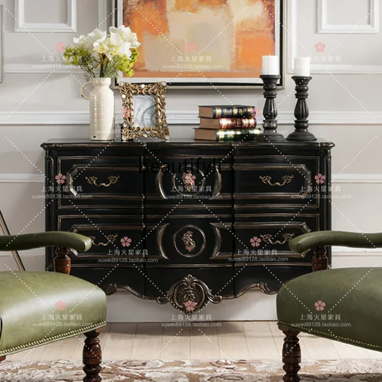 French retro black solid wood porch cabinet, chest cabinet, antique decorative storage cabinet