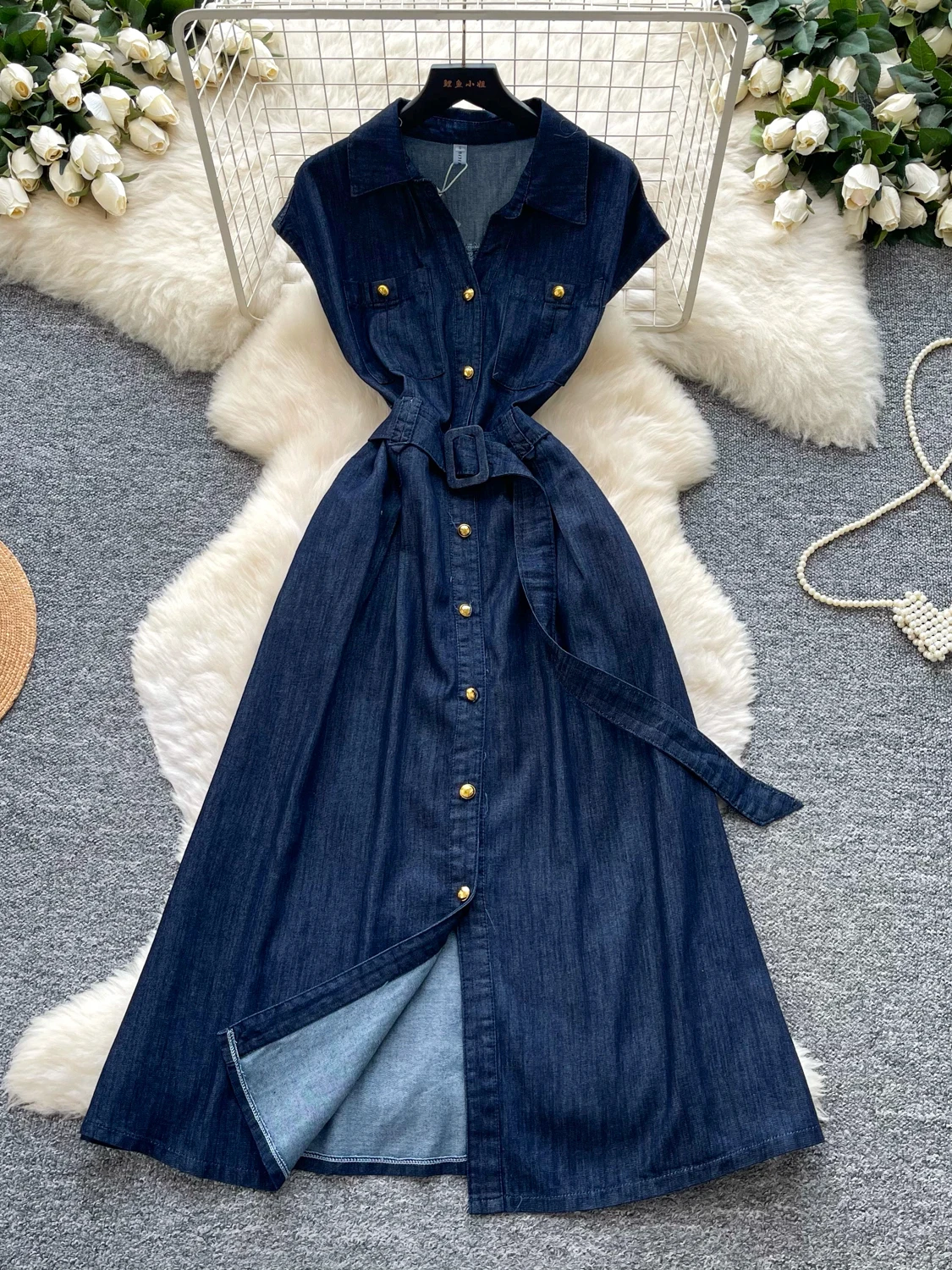 Retro Style High Waist A-Line Dress Women's Sleeveless Zipper Slit Slimming Long Dress Commute Fashion Polyester Fiber