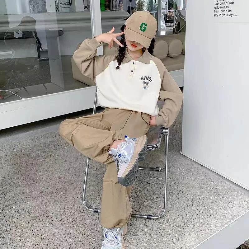 Autumn Winter Kids Tracksuit Children Set Girls Clothes loose print T-Shirt + Cargo Pants Teenager 4 5 6 7 10 11 12 13 14 Year