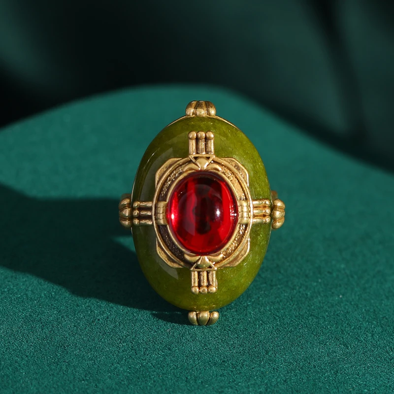 Vintage Retro Palace Green Enamel Red Glass Rings French Gold Color for Women Fashion Wedding Jewelry Retro Bride Accessories