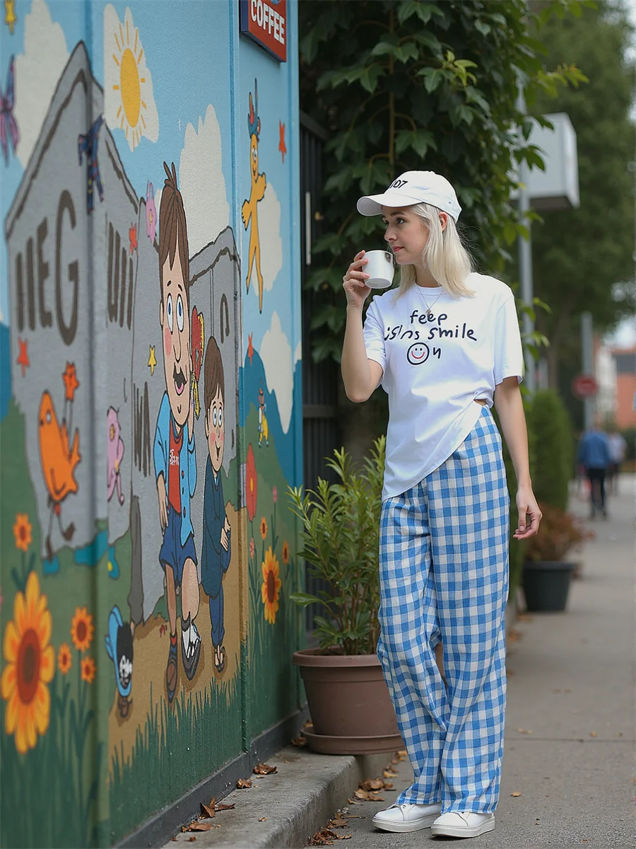 السراويل الفضفاضة للنساء الأزرق الوردي داخل خارج التماس تصميم التفاصيل ميزة عنصر الموضة الحديثة المعاصرة فريدة من نوعها مثيرة للاهتمام #6